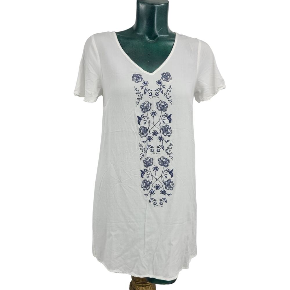 True Craft Printed Tunic Dress Short Sleeve White Navy Blue Mini Size M 2244